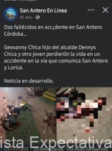 En Accidente de Tránsito entre la vía que conduce de San Antero y Lorica, pierden sus vidas dos personas entre ellos Geovanny Chica, hijo del alaclde de San Antero  Dennys Chica.