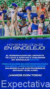 Se le informa a toda la afición del béisbol cordobés acompañar esta noche al equipo Vaqueros de Montería que se enfrentará a Toros de Sinjcelejo en el estadio 20 de Enero, de esa ciudad por la clasificación a la gran final contra Caimanes de Barranquilla
